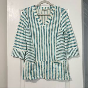 Soft Surroundings Turquoise and Cream Striped Long Sleeve Tunic